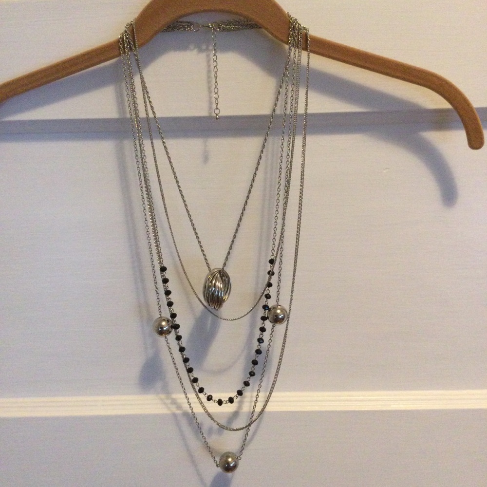 Multi-Layer Silver Tone Necklace with Black Bead Accents